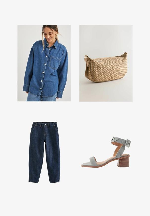 Mėlyna džinsinė marškinė su sagčių užsegimu priekyje, viena krūtinės kišenė ir ilgomis rankovėmis. Paprasto kirpimo ir šiek tiek nublukusi.; Tamsiai mėlynos džinsinės kelnės su laisvu siluetu, turinčios penkis kišenes, diržo kilpas ir kontrastingą geltoną siuvinėjimą. Švarbi, tekstūruota medžiaga.; Next FOREVER COMFORTREGULAR FIT - Sandalai - blue; Austas smėlio spalvos maišelis su kreiva forma, kuris turi užtrauktuką, reguliuojamą dirželį ir tekstūruotą paviršių su pintos korinio raštu.