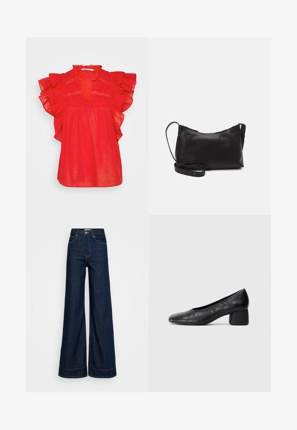 Red, short-sleeved blouse with ruffle accents, deep V-neck, gathered waist, and a lightweight fabric. Features intricate lace detailing.; Dark blue high-waist wide-leg jeans with front pockets, belt loops, button closure, and visible stitching on a white background.; Black leather pump with a rounded toe and mid-block heel. Smooth texture with minimal detailing, featuring a subtle elastic opening.; Black leather shoulder bag with a smooth texture, curved shape, adjustable strap, and a zip closure. Minimalist design without embellishments.