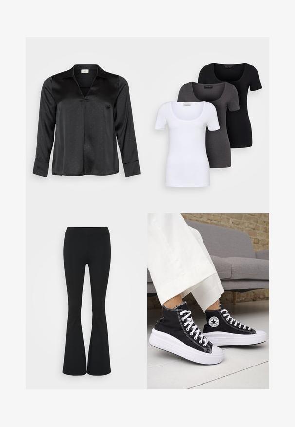 Sort satengbluse med V-hals, lange ermer og subtil prikkemønster. Har klassisk krage og knappede mansjetter for et stilrent utseende.; Tre figurerte T-skjorter i hvit, grå og svart. Hver har en bred scoop-nakke og korte ermer. Laget av glatt, elastisk stoff.; Svarte flared bukser laget av elastisk stoff, med høy midje og en glatt tekstur. Buksene vidder ut fra kneet.; Svarte høye sneakers med hvite gummisåler og lisser. Har et rundt logo-merke og kontrasterende hvite sømmer. Laget av lerret.