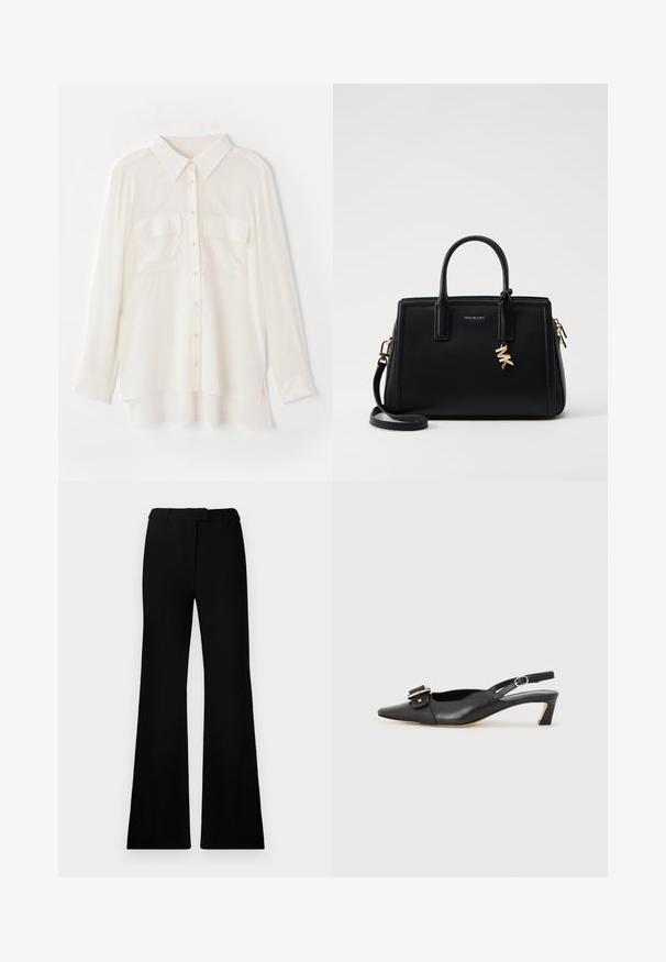 Biela košeľa na gombíky vyrobená z ľahkej tkaniny. Má klasický golier, dve náprsné vrecká a mierne dlhší zadný okraj.; Čierne rozšírené nohavice s hladkou textúrou, prispôsobeným pásom a prednými vreckami, navrhnuté s elegantnou, modernou siluetou.; Čierne kožené sandále s úzkym prstom, malým opätkom a dekoratívnou sponou na vrchnej časti. Hladká textúra, minimalistický dizajn.; Čierna kožená kabelka so štruktúrovaným dizajnom, dvojitými hornými uchami, odnímateľným ramenným popruhom, zlatými kovovými detailmi a akcentom logového prívesku.