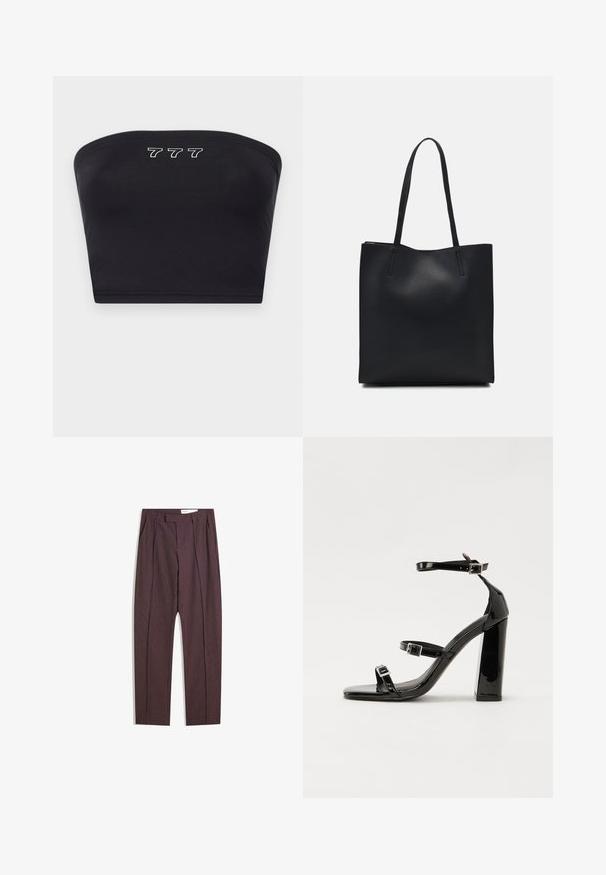 Črn bandeau top iz gladkega materiala, ki na sprednji strani vsebuje belo vezenje številk "777". Brez naramnic, preprost dizajn.; Vijolične črtaste hlače s pregibi, visokim pasom in ravnim krojem. Narejene iz gladkega, teksturiranega materiala.; Črne lakirane sandale s peto, kvadratnim prstom, trakovi okrog gležnja in srebrnimi zaponkami. Opremljene so s stabilno Debelo peto.; Črna usnjena torba s svilnato teksturo, pravokotne oblike in dvema dolgima ročajema. Brez vidnih metalnih delov ali okrasnih elementov.
