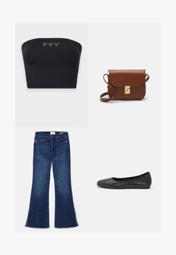 Top bandeau nero realizzato in tessuto liscio, con ricamo bianco dei numeri "777" sul davanti. Senza spalline, design semplice.; Jeans a zampa d'elefante blu scuro in denim. Caratterizzati da una vita alta, tasche anteriori e dettagli con spacco all'orlo. Design classico a cinque tasche.; Pantofole da balletto nere in pelle con punta arrotondata, texture liscia, dettagli di cucitura minimi e design con suola flessibile.; Borsa a tracolla in pelle marrone con chiusura a pattina, hardware color oro, tracolla e una finitura liscia. Forma rettangolare compatta.