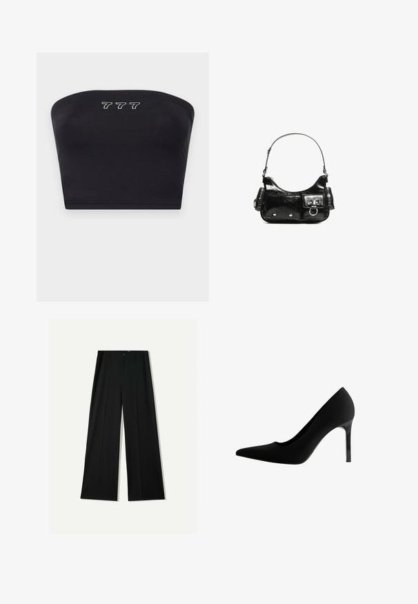 Black bandeau top made of smooth fabric, featuring white embroidery of the numbers "777" at the front. No straps, simple design.; Bershka WIDE - Trousers - black; Black high-heeled pump with a pointed toe, smooth matte material, slender stiletto heel, and a subtle cutout at the arch.; Black patent leather handbag with a curved shape, one shoulder strap, front pockets, and silver-tone hardware accents.