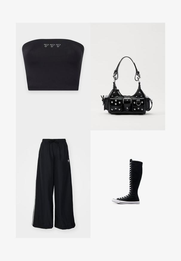 Čierny bandeau vrch vyrobený z hladkej textílie, na prednej strane zdobený bielou výšivkou čísel "777". Bez ramienok, jednoduchý dizajn.; Čierne široké nohavice vyrobené z ľahkého materiálu. Majú elastický pás s šnúrkou a biele bočné pruhy. Logo značky na boku.; Čierne vysoké tenisky s vysokým dizajnom, vyrobené z plátna. Majú biele šnúrky, švy a gumovú podrážku s ochranným krytom na špičke.; Čierna kožená kabelka s zakriveným dizajnom, doplnená striebornými cvočkami, prackou a dvoma bočnými vreckami. Nastaviteľný popruh poskytuje rôzne možnosti nosenia.