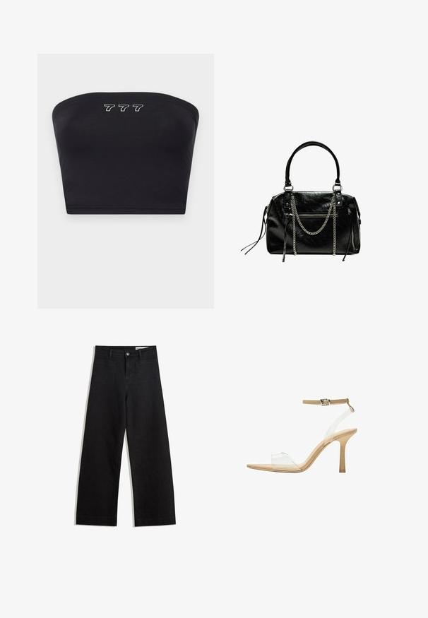 Svart bandeau-topp i slät tyg, med vit broderi av siffrorna "777" på framsidan. Utan axelband, enkel design.; Svarta vida denimbyxor med hög midja, med fram- och bakfickor, sydda sömmar och knappstängning. Slät textur.; Klart häl sandal med en transparent ovandel, beige fotbädd och en smal ankelrem. Har en spetsig tå och en tunn hög klack.; Bershka WITH CHAIN - Handväska - black