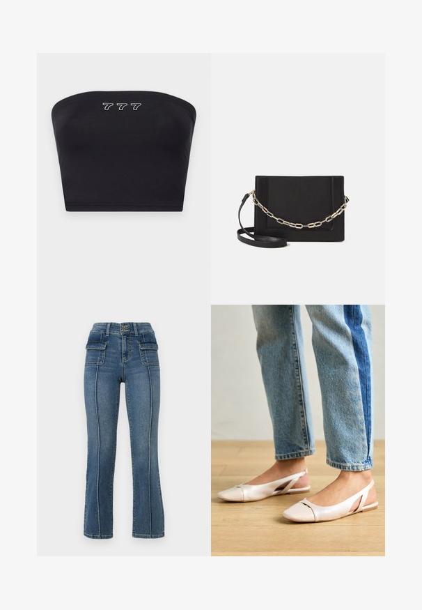 Schwarzes Bandeau-Top aus glattem Stoff, mit weißer Stickerei der Zahlen "777" auf der Vorderseite. Ohne Träger, schlichtes Design.; ONLY Petite ONLWAUW MID WAIST FLARED - Flared Jeans - medium blue denim; Blassrosa Slingback-Ballerinas mit spitzem Punkt, aus einem glatten, lederähnlichen Material. Mit Ausschnitten an den Seiten und einem flachen Absatz.; Schwarze Leder-Crossbody-Tasche mit glatter Textur, rechteckiger Form und metallic-kettendetail auf der Vorderseite. Verstellbarer Gurt inklusive.