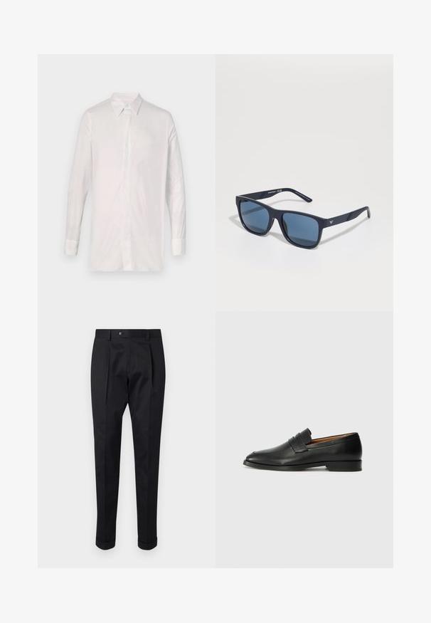 Wit overhemd met lange mouwen, gemaakt van een soepele stof. Voorzien van een klassieke kraag, knopen aan de voorkant en manchetmouwen met minimale detaillering.; Zwarte broek gemaakt van een gladde stof, met een plooi aan de voorkant, een knopen sluiting en opgerolde manchetten bij de enkels.; Zwarte leren instapper met een ronde neus, subtiele stikdetails en een lage hak, met een gladde textuur en een minimalistisch ontwerp.; Blauwe rechthoekige zonnebril met donkere lenzen, matte marineblauwe montuur, logo-detail op de slaap, rechte pootjes en een solide, gladde textuur.
