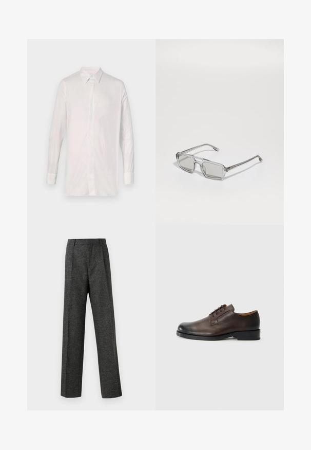 Long-sleeve white shirt made of smooth fabric. Features a classic collar, button front, and cuffed sleeves with minimal detailing.; Gray tailored trousers made of textured fabric, featuring two front pleats and a straight-leg design. No visible pockets or embellishments.; Brown leather shoe with a rounded toe, low heel, lace-up design, and smooth texture. Features minimal stitching and a polished finish.; Emporio Armani Sunglasses - shiny transparent grey