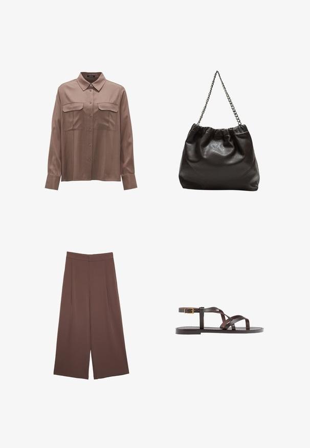 Brown satin shirt with long sleeves, a collar, two chest pockets, and a button closure. Features a smooth texture and relaxed fit.; Brown wide-leg trousers with a smooth texture, featuring a high waist and front pleats. The fabric is lightweight and flows loosely.; Brown leather sandal featuring crisscross straps, an ankle buckle closure, and a flat sole with minimal stitching details.; Brown leather bag with a gathered top and a chain strap. Smooth texture with a glossy finish and subtle seam detailing on the sides.