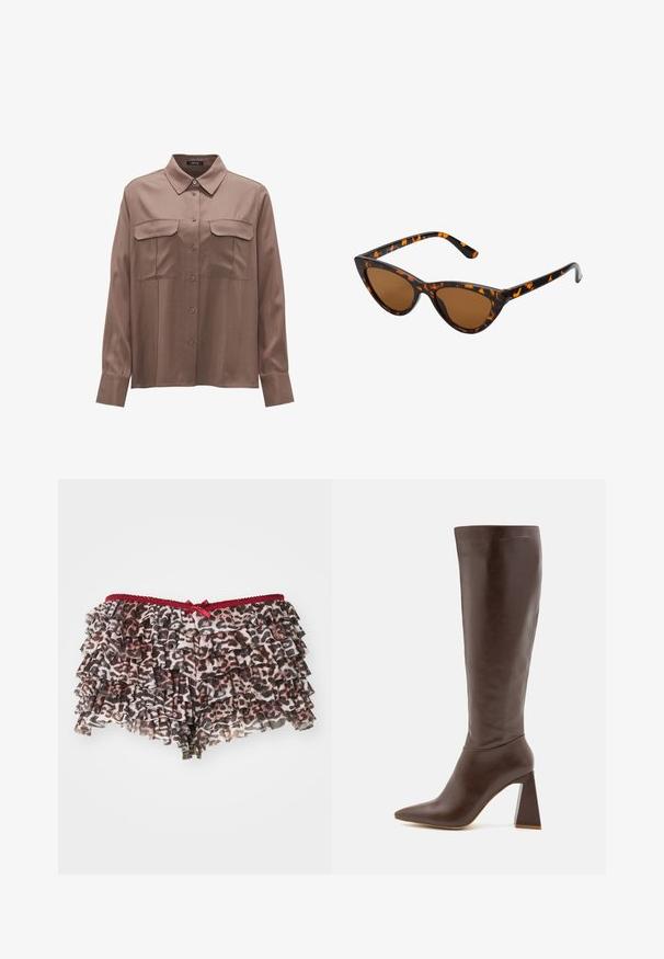 Brown satin shirt with long sleeves, a collar, two chest pockets, and a button closure. Features a smooth texture and relaxed fit.; Floral leopard-print shorts with layered ruffles, featuring a red lace waistband and a small bow accent in front.; RAID TENBY - Boots - brown; Cat-eye sunglasses with a black and orange tortoiseshell frame, brown lenses, and sleek, pointed tips. Features a minimal logo on the temple.