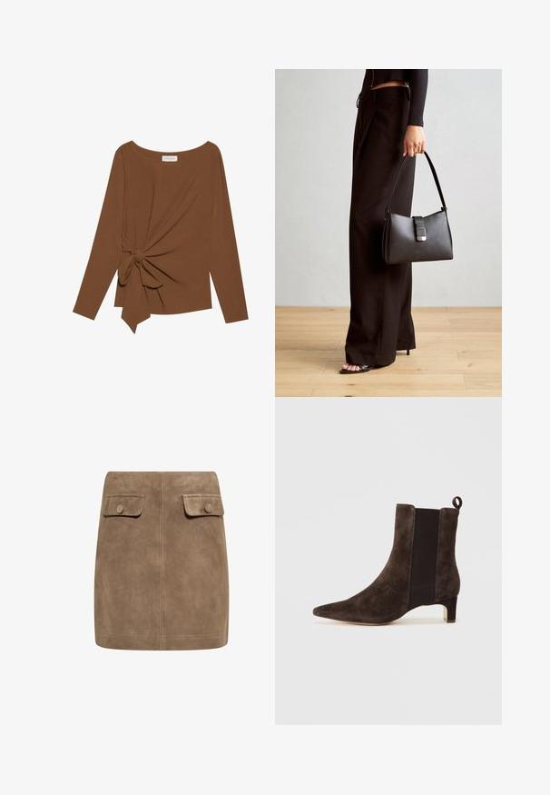 Cămașă lungă maro cu mâneci lungi, având un decolteu larg și un detaliu nod pe o parte, confecționată dintr-un material moale, texturat.; Fustă mini din ante maro, cu o textură netedă, având două buzunare cu clapetă în față și închideri cu buton pe fiecare parte. Design simplu și drept.; Botine din suede maro, cu vârf ascuțit, panouri laterale elastice, toc scurt și o bucată de prindere pe spate pentru o încălțare ușoară.; Genți negre cu o formă structurată, textură netedă și un închizător metalic. Asortată cu pantaloni negri largi și sandale cu vârf deschis pe un podea din lemn.