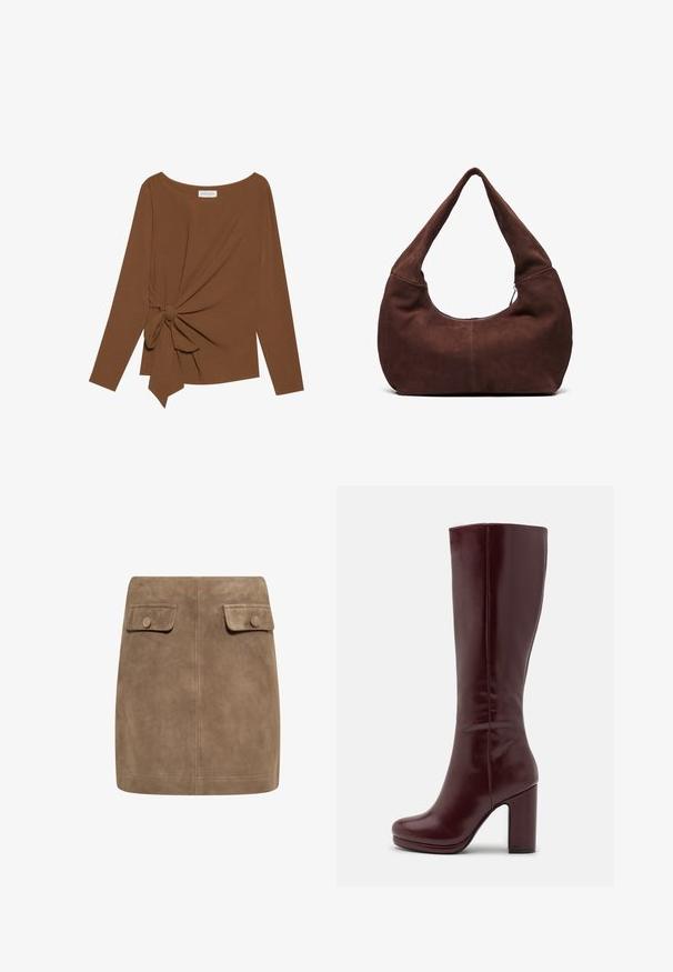 Brown long-sleeve top featuring a wide neckline and a knot detail on one side, made of soft, textured fabric.; Brown suede mini skirt with a smooth texture, featuring two front flap pockets and button closures on each side. Simple, straight design.; Anna Field High heeled boots - red; Brown suede hobo bag with a curved, wide handle and a large opening. Soft texture with visible stitching detailing along the edges.