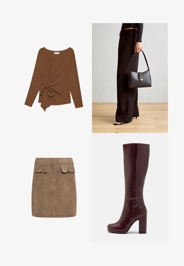 Brun langærmet top med en bred halsudskæring og en knude detalje på den ene side, lavet af blødt, tekstureret stof.; Brun ruskind mini nederdel med en glat tekstur, der har to frontlommer med flap og knaplukninger på hver side. Enkel, lige design.; Anna Field Højhælede støvler - red; Sort håndtaske med struktureret form, glat overflade og metalspænde. Sammen med brede sorte bukser og sandaler med åben tå på trægulv.