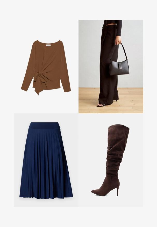 Maglia marrone a maniche lunghe con scollatura ampia e un dettaglio a nodo su un lato, realizzata in tessuto morbido e testurizzato.; Gonna a pieghe blu navy con una vita ampia, realizzata in un tessuto morbido. Presenta pieghe verticali e arriva a metà polpaccio.; Stivali in suede marrone alti fino al ginocchio con design morbido, punta affusolata e tacco a stiletto. Texture liscia con un colore uniforme.; Borsa nera con forma strutturata, texture liscia e una chiusura metallica. Abbinata a pantaloni neri larghi e sandali open-toe su un pavimento in legno.