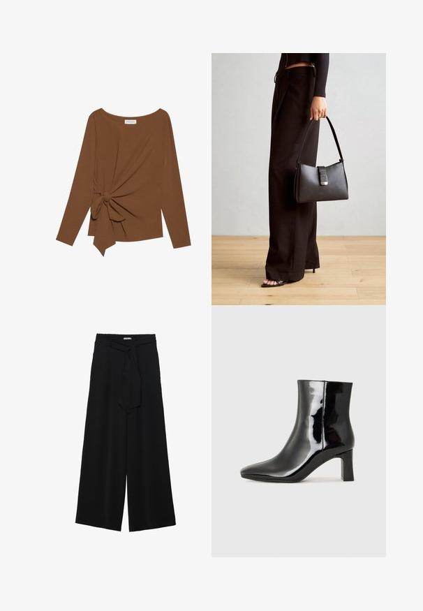 Brun langermet topp med bred hals og en knutedetalj på den ene siden, laget av mykt, teksturert stoff.; Svart vide bukser med teksturert stoff, elastisk midje og avtagbart belte som gir justerbar passform.; Sorte patentlær ankle boot med spiss tå og en mellomhøy blokkhelt. Glatt tekstur og minimalistisk design.; Svart håndveske med strukturert form, jevn tekstur og metallisk lås. Kombinert med brede svarte bukser og sandaler med åpen tå på tregulv.