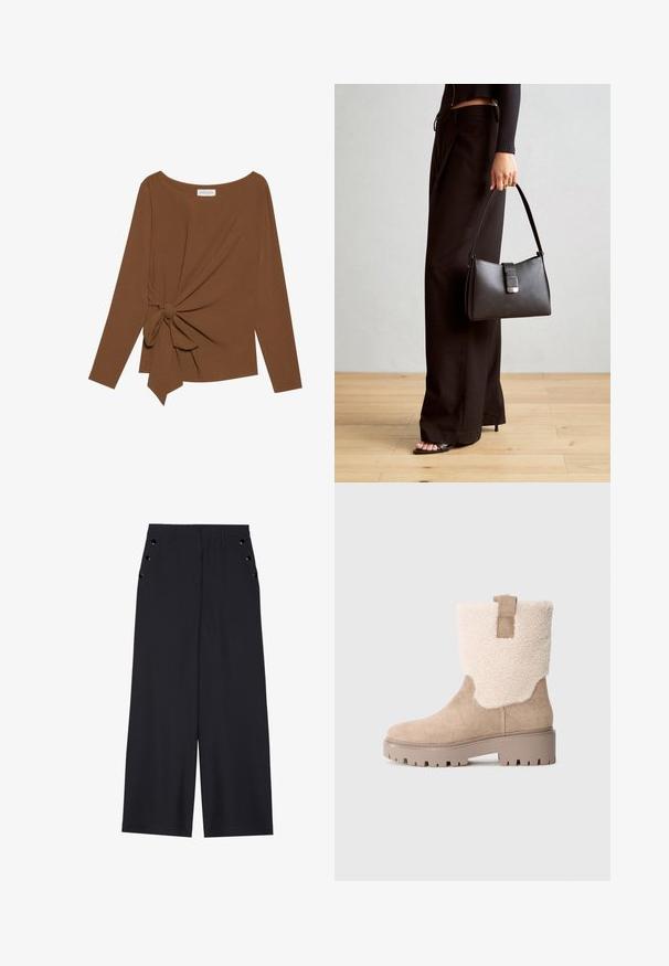 T-shirt brun à manches longues avec un col large et un détail de nœud sur un côté, fabriqué dans un tissu doux et texturé.; Pantalons ample en tissu bleu marine foncé, avec une texture lisse, des plis avant et des œillets décoratifs en ton doré sur les poches latérales.; Botte en suède beige mi-haute avec semelle en caoutchouc épaisse, bord en fourrure shearling et languette d'enfilage sur fond gris neutre.; Sac à main noir à la forme structurée, texture lisse et fermoir métallique. Associé à un pantalon noir ample et des sandales ouvertes sur un sol en bois.