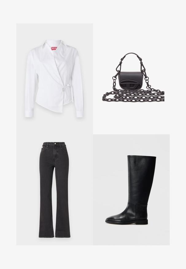 Weißes Langarmhemd mit Wickeldesign, ausgestattet mit einem spitzen Kragen, seitlichem Bindeband und einem roten Logotag. Hergestellt aus glattem Stoff mit einer klaren Textur.; Schwarze, hochgeschnittene Schlagjeans aus Denim mit Knopfverschluss, Gürtelschlaufen und seitlichen Taschen. Glatte Textur mit minimaler Ausbleichung.; Schwarze Lederstiefel bis zum Knie mit runder Zehenform, glatter Textur, minimalistischem Design und flacher Sohle. Einfache Nahtdetails am Schaft.; Kleine schwarze Handtasche aus glattem Leder, mit runder Form, Front-Logo-Akzent und einer strukturierten Kettenriemen.