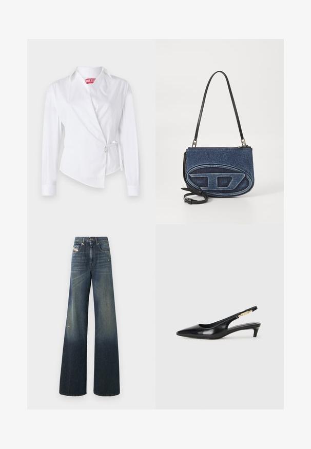 Balta garām piedurknēm krekls ar apvalka dizainu, ar norādītu apkakli, sānu saitēm un sarkanu logotipa birku. Izgatavots no gludas auduma ar asu tekstūru.; Platas kāju džinsi tumši zilā krāsā ar izbalējušu apdari, kur nav valda nodilums ceļā un klasiskā piecu kabatu dizains ar etiķeti.; Melnas ādas slingback zābaki ar smailu purngalu, ar šauru papēdi un zelta krāsas akcentu uz regulējama siksniņas. Gluda tekstūra.; Denima crossbody soma ar melnu ādas siksnu, ovāla logo dizaina priekšpuse un rāvējslēdzējs augšpusē. Tekstūrēta apdare.