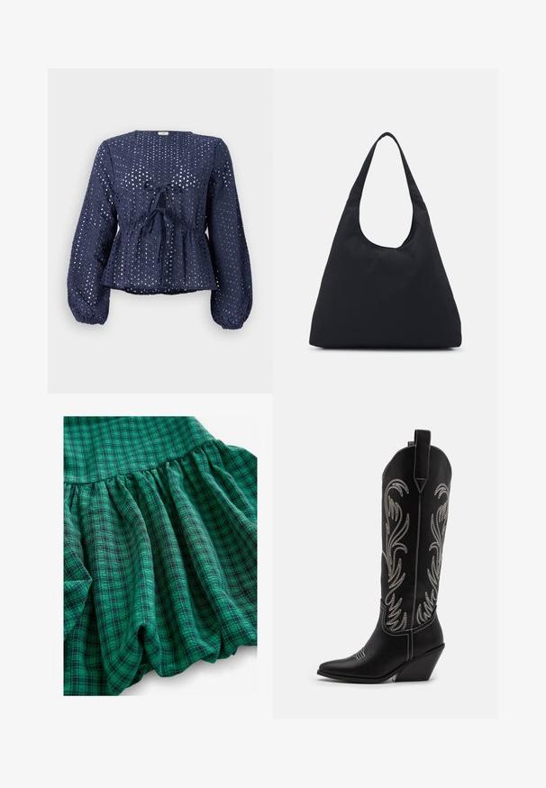 Granatowa bluzka z materiału w dzianinowe otwory, z dekoltem w serek, długimi rękawami, ściągniętą w talii oraz wiązaniem z przodu.; Even&Odd TONIA czarny; Zielony materiał w kratę charakteryzuje się różnymi odcieniami, marszczonymi fakturami i falbanistym wykończeniem. Materiał wydaje się przewiewny i lekki.; Czarne skórzane kowbojskie buty z wydłużonymi noskami, obcasem typu koturn oraz srebrnymi haftowanymi wzorami kwiatowymi wzdłuż cholewy. Kontrastowe szwy na całej długości.; Czarna torba z tkaniny z jedną szeroką rączką na ramię. Miękki, półstrukturalny kształt oraz gładka tekstura; minimalistyczny design, bez widocznych elementów metalowych.