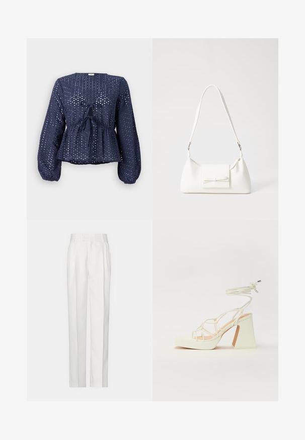 Mornaricama plava bluzica od čipkastog materijala s v-izrezom, dugim rukavima, uskim strukom i mašnom sprijeda.; Bijele hlače s prugicama ravnog kroja, izrađene od laganog materijala. Imaju nabore sprijeda i tradicionalni pojas.; Bijela sandala na visokoj potpetici s debelim petom, s remenom i vezanjem oko gležnja. Glatka tekstura s platformom sprijeda za dodatnu visinu.; Bijela sintetička torbica s trokutastim oblikom, ravnim prednjim poklopcem i detaljem u obliku mašne, podesivom remenom, glatkom teksturom i minimalističkim dizajnom.
