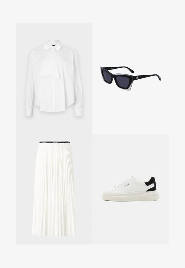 Witte blouse met lange mouwen, strik-kraag, knopen aan de voorkant en een losse pasvorm. Gemaakt van een gladde stof zonder patronen of accenten.; Plisséminirok in het wit met een zwarte elastische tailleband met het "LACOSTE"-logo. Middellange ontwerp met een zachte textuur.; Witte leren sneakers met een dikke witte zool, zwarte suède hielaccent en een geperst logo op de zijkant. Vetersluiting met zes oogjes.; Zwarte oversized zonnebril met een geometrische vorm, voorzien van donkere glazen en een contrasterend grijs detail op het montuur. Logo op de arm.