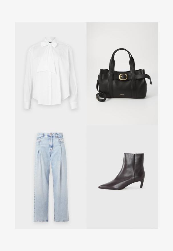 Bluză albă cu mâneci lungi, guler cu fundă, închidere cu butoane și o croială lejeră. Fabricată dintr-un material neted, fără modele sau accente.; Jeans din denim albastru deschis cu talie înaltă, croială evazată, două buzunare laterale și un design pliat. Textură moale cu un finisaj decolorat.; Botine negre din piele, cu vârf ascuțit și toc mic, cu finisaj neted, fermoar lateral, prezentate pe un fundal neutru.; Geantă de mână din piele neagră, cu un design structurat, mânere superioare duale, accent cu cataramă aurie și logo-ul brandului embosat în față.