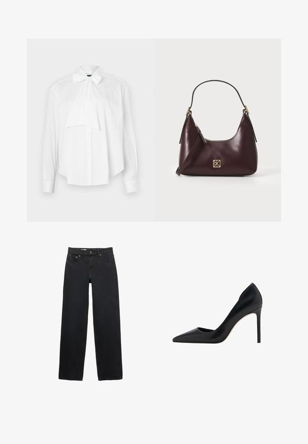 Weißes Blusenshirt mit langen Ärmeln, Kragen mit Schleife, Knopfleiste und bequemer Passform. Hergestellt aus glattem Stoff ohne Muster oder Akzente.; Schwarze weit geschnittene Jeans aus Denim, mit fünf Taschen, einem Knopfverschluss, dezenten Nähten und einem geraden Schnitt von der Taille bis zum Saum.; Mango High Heel Pumps - black; Burgunderfarbene Lederhandtasche mit geschwungener Form, goldenen Akzenten an den Beschlägen und einem Reißverschlussverschluss. Verfügt über einen abnehmbaren Schultergurt.