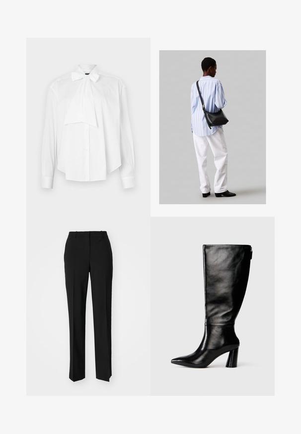 Bílá blůza s dlouhými rukávy, límcem na mašli, zapínáním na knoflíky a volným střihem. Vyrobena z hladkého materiálu bez vzorů nebo akcentů.; Černé kalhoty na míru se střihem do rovna, které mají hladkou texturu a ostré sklady na přední straně. Bez viditelného kování.; Černá kožená vysoká boot do půli lýtek s špičatou špičkou, hladkou texturou a masivním podpatkem. Obsahuje zip na zadní straně.; Černá kožená kabelka přes rameno s jemnou texturou, trojúhelníkovým tvarem a nastavitelným popruhem, v kombinaci se světle modrou pruhovanou košilí a bílými kalhotami.