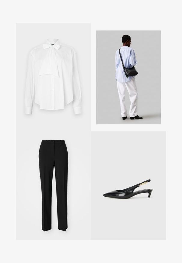 Valge pluus pikemate varrukatega, lipsukrae, nööpidega ees ja mugava lõikega. Valmistatud sileda kangast, ilma mustrite või aktsentideta.; Mustad ja sirged püksid, millel on sile tekstuur ja teravad voldid esiosas. Ilma nähtavate detailideta.; Mustad nahast slingback kontsad terava ninaga, millel on õhuke konts ja kuldse tooni aktsent reguleeritaval rihmal. Sile tekstuur.; Must have mustras alasi nahkpatsi, pehme tekstuuriga, kolmnurkse kujuga ja reguleeritava rihmaga, koos helesinise triibulise särgi ja valgete pükstega.