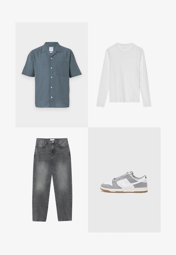 Košulja s kratkim rukavima od tamno sive lanene tkanine s oštrim kragnom, prednjim džepom i bijelim dugmadi duž plavta. Jednostavan, opušteni kroj.; Dugih rukava bijela majica izrađena od mekanog materijala, s okruglim izrezom i jednostavnim dizajnom bez vidljivih uzoraka ili akcenata.; Traperice visokog struka, širokog kroja u izblijedjelom crnom denimu. Imaju pet džepova, petlje za remen, i čist, ravni kroj nogu.; Sivi i bijeli tenisice s gornjištem od antilopa i kože, okruglim vrhom, ravnim vezicama i gumenim potplatom s dodatkom boje gume.