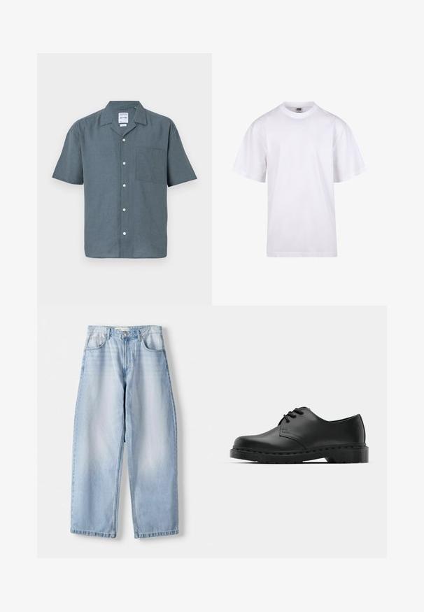 Korte mouwen shirt in donkergrijze linnen met een puntkraag, een borstzak en witte knopen langs de knoopsluiting. Eenvoudig, ontspannen pasvorm ontwerp.; Witte katoenen t-shirt met een ronde hals, korte mouwen en een relaxte pasvorm. Heeft een eenvoudig ontwerp zonder patronen of accenten.; Lichtblauwe denim wijdvallende jeans met een middelhoge taille, vijf zakken, en subtiele vervaging; afgewerkt met een rechte zoom en riemlussen.; Zwarte leren oxford schoenen met vetersluiting, ronde neus, platte rubberen zool en subtiele stiksel details langs het bovenwerk.