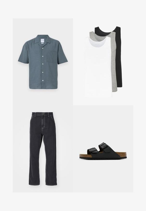 Tumehallist linast lühikeste varrukatega särk, millel on terav krae, esikott ja valged nööbid pingutustega. Lihtne, lõdva istuvusega disain.; Kolme topit valgest, hallist ja mustast. Igaühel on klassikaline varrukateta disain, valmistatud kergest puuvillalisest kangast, millel on soonikstruktuur.; Mustmustheegid musta värvi denim püksid sirge lõikega, varustatud tõmblukuga, viie taskuga ja kontrastõmblustega õmbluste ääres.; Must värviline suss, millel on sünteetilisest materjalist valmistatud kaks reguleeritavat rihma ja metallist pandlad; korkpadi ja tekstureeritud kummist tald.