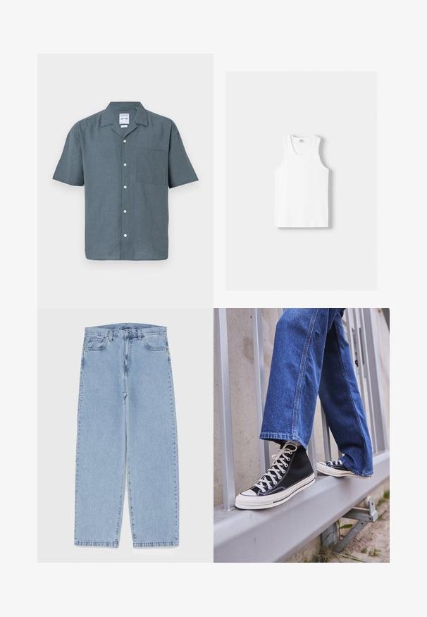 Kurzarmhemd aus dunkelgrauem Leinen mit spitzem Kragen, Brusttasche und weißen Knöpfen entlang der Knopfleiste. Schlichtes, entspanntes Design.; Weißes Baumwoll-Trägershirt mit Rundhalsausschnitt, breiten Trägern und geradem Saum, das eine glatte Textur aufweist und keine sichtbaren Muster hat.; Hellblaue Jeans aus Denim mit geradem Bein, ausgestattet mit einer mittelhohen Taille, fünf Taschen sowie einem Knopf- und Reißverschluss.; Schwarze High-Top-Sneaker mit weißer Sohle und Schnürsenkeln, kombiniert mit lockeren blauen Jeans, die auf einem grauen Geländer ruhen.