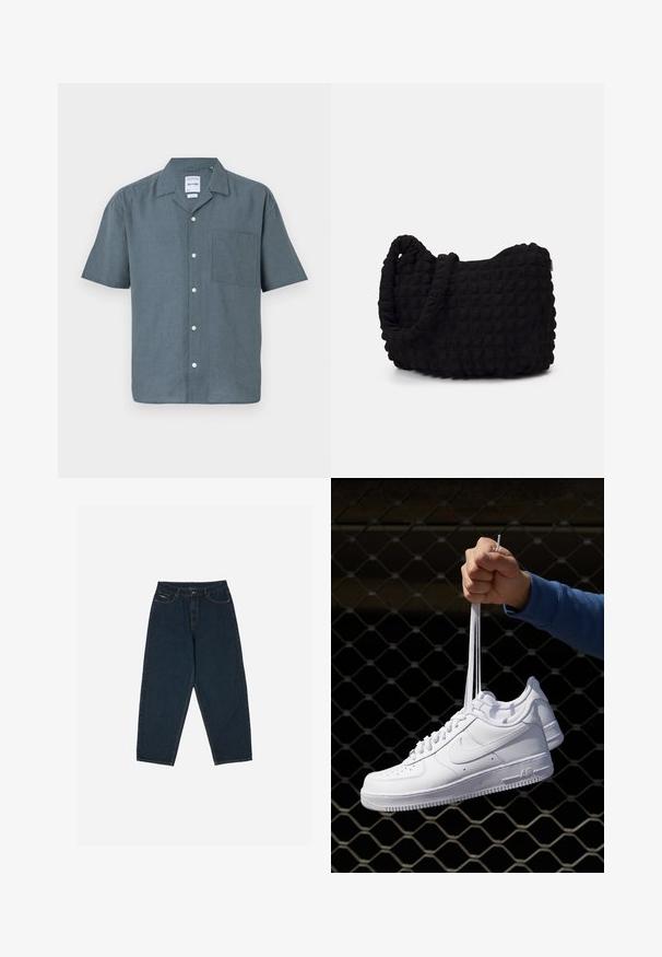 Cămașă cu mânecă scurtă din in gri închis, cu guler ascuțit, buzunar frontal și nasturi albi pe plastron. Design simplu, cu o croială lejeră.; Jeans negri închis cu talie înaltă, cu o croială lejeră, dotate cu cinci buzunare și închidere cu nasture. Făcute din denim cu o textură netedă.; Adidași albaștri din piele cu perforații, vârf rotund, talpă plată și șireturi groase, cu un logo swoosh vizibil și cu inscripția "AIR" pe toc.; Geantă dintr-un material textil negru, cu un model texturat și matlasat. Formă rotundă, mânere scurte și groase, și o structură moale, flexibilă.