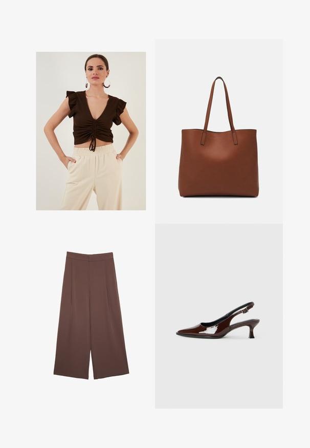 Rjav rebrast kratki top z kratkimi letečimi rokavi, globokim V-izrezom in zbranim sprednjim delom s trakovi, v kombinaciji s smetanastimi hlačami z elastičnim pasom.; Rjave široke hlače z gladko teksturo, ki imajo visok pas in sprednje naborke. Tkanina je lahka in prosto pada.; Rjavi lakirani slingback čevelj z ostro konico in zmerno peto. Ima zaponko za varno prileganje. Gladka tekstura.; Rjava usnjena torba z gladko teksturo, odprto zasnovo zgoraj in dvema naramnima trakovoma. Opremljena je z minimalnim šivanjem in brez vidnih kovinskih delov.