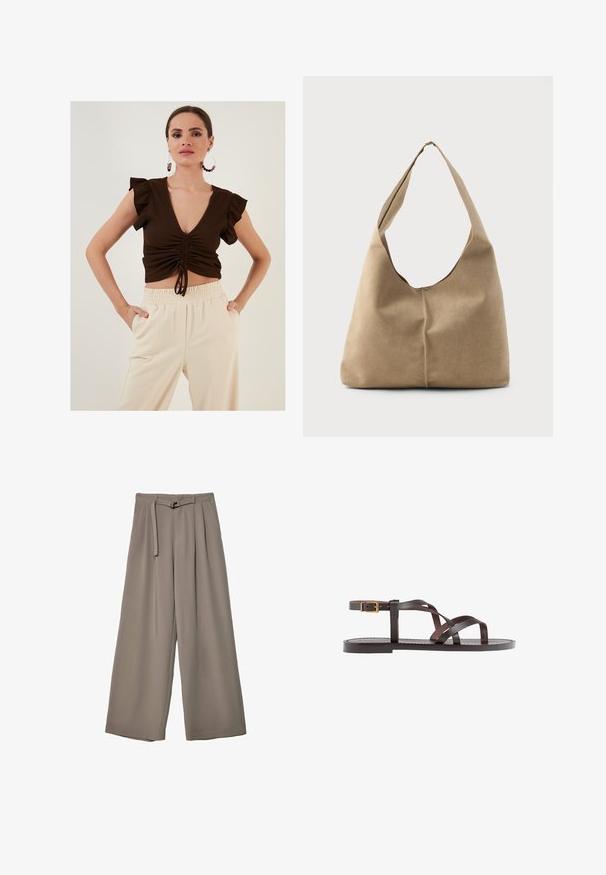 Rjav rebrast kratki top z kratkimi letečimi rokavi, globokim V-izrezom in zbranim sprednjim delom s trakovi, v kombinaciji s smetanastimi hlačami z elastičnim pasom.; Široke hlače iz mehke, umirjene sive tkanine, z pasom, ki ga je mogoče zavezati, in z gubami za dodatne oblikovne podrobnosti. Gladka tekstura, brez vzorcev.; Rjav usnjen sandal z načinom prečnega črta, zaklepom okoli gležnja in ravnim podplatom z minimalnimi šivi.; Hobo torba iz mehkega bež nubuka z ohlapno obliko, širokim ramenskim trakom in ročno šivanim šivom po sprednji strani.