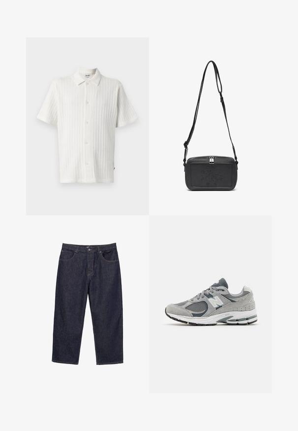 Cămașă albă cu mânecă scurtă, cu un design texturat și striat. Prezintă un guler ascuțit și șase butoane pe față pentru închidere.; Jeans din denim, drepti, de culoare albastru închis, cu închidere prin buton și fermoar în față, și cinci buzunare, expuși pe un fundal alb.; Tenis gri din materiale din plasă și suede, având un logo alb, guler căptușit și o talpă din cauciuc texturată. Accente în gri închis.; Geantă din piele neagră, tip crossbody, cu închidere cu fermoar, logo embosat pe față și curea ajustabilă. Textură netedă și formă rectangulară.