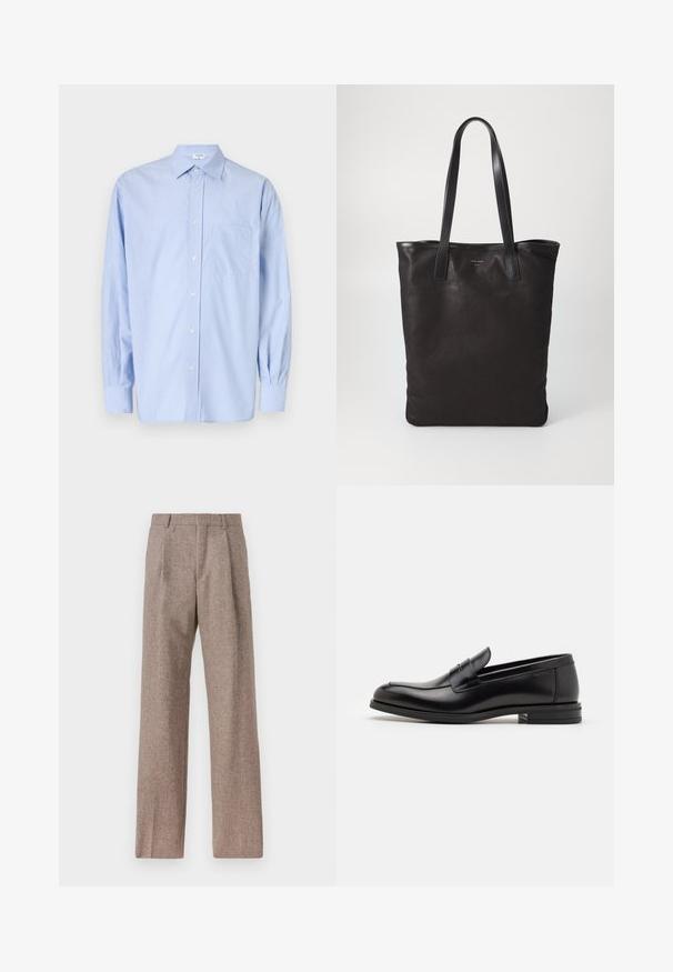 Világoskék csíkos, hosszú ujjú ing gombos gallérral, egyetlen mellzsebbel és gombos záródással. Simább, szőtt anyagból készült.; Barna, magas derekú nadrág texturált anyagból. Széles szárai és két elülső redője biztosítja a struktúrát. Ízléses kivitel, látható fémszerelés nélkül.; Fekete bőr loaferek sima textúrával, kerek orral és dekoratív pánttal a vampnál. Alacsony, rétegelt sarkú, minimalista dizájn.; Fekete vászontáska fekete bőr füllel. Egyszerű dizájn, tágas test és sima textúra. Nincsenek látható logók vagy minták.