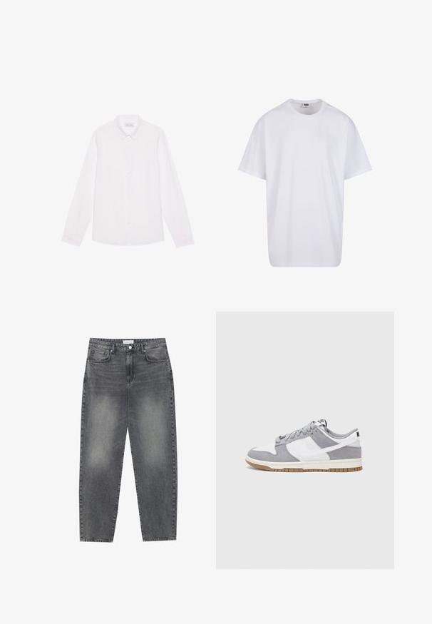 White long-sleeve button-up shirt made of cotton. Features a classic collar, front buttons, and a smooth texture with no visible patterns.; White cotton t-shirt with short sleeves, rounded neckline, relaxed fit, and no visible logos or patterns. Smooth texture and minimal design.; High-waisted, loose-fitting jeans in faded black denim. Features five pockets, belt loops, and a clean, straight leg design.; Gray and white sneaker with a suede and leather upper, rounded toe, flat laces, and a rubber sole featuring a gum accent.