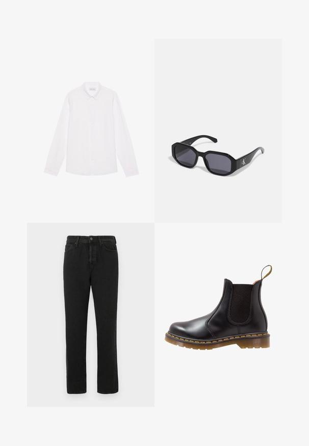 Weißes Langarmhemd aus Baumwolle mit Knopfleiste. Es hat einen klassischen Kragen, Vorderknöpfe und eine glatte Textur ohne sichtbare Muster.; Schwarze Straight-Leg-Denim-Jeans mit vorderem Knopf- und Reißverschluss, Gürtelschlaufen und Five-Pocket-Design, auf weißem Hintergrund präsentiert.; Schwarze Leder-Chelsea-Stiefel mit elastischen Seiteneinsätzen, gelben Nähten und einer strukturierten Gummisohle. Verfügt über eine Schlaufe zum einfachen Anziehen.; Schwarze Sonnenbrille mit achteckigem Rahmen, dunklen Gläsern, glänzendem Kunststoffmaterial und einem silbernen Logoakzent auf einer Seite.