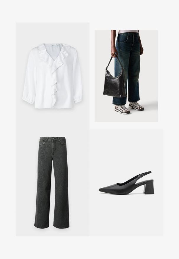 White blouse with 3/4 sleeves, V-neckline, and a ruffled front detail. Made of a smooth, lightweight fabric with a soft texture.; Wide-leg jeans in dark gray denim, featuring a subtle zebra-pattern texture, contrast stitching, and five-pocket design with a button fly.; Black leather slingback heeled shoe with a pointed toe and a chunky block heel. Features an adjustable strap with a metal buckle.; Black leather shoulder bag with a smooth texture and adjustable strap, paired with faded wide-leg jeans and athletic sneakers.