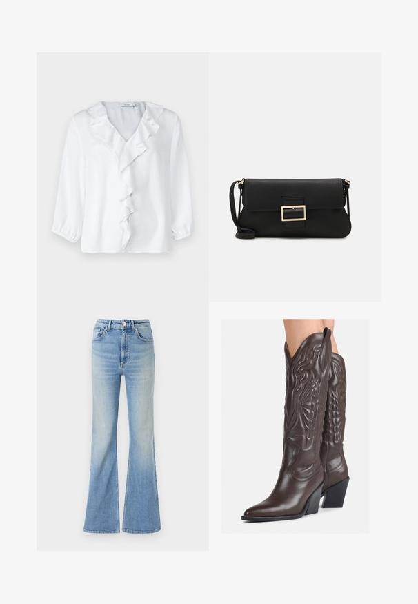Witte blouse met 3/4 mouwen, V-hals en een ruches-detail aan de voorkant. Gemaakt van een gladde, lichte stof met een zachte textuur.; Lichtblauwe flared jeans van denim, met een hoge taille, vijf zakken en een subtiele gradient vervaging naar de zoom toe.; Bruine leren cowboylaarzen met een spitse neus en blokhak, voorzien van gedetailleerde stiksels en verhoogde accenten op de schacht.; Zwarte leren clutch met een klep en een gouden metalen sluiting. Inclusief een zwarte schouderband en een slank, minimalistisch ontwerp.; Zilveren creolen met een gedraaide ontwerp, voorzien van een gepolijste afwerking en een post-back sluiting. Meet ongeveer 3 cm in diameter.