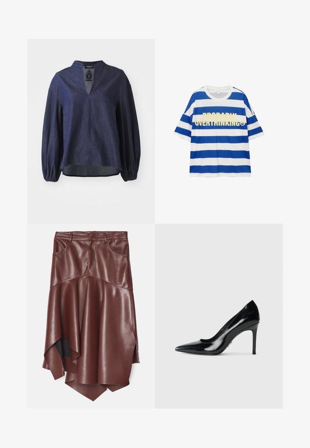Cămașă albastru marin, cu mânecă lungă, din denim texturat, având un decolteu cu deschidere și manșete gatherate, cu un design lejer.; Tricou din bumbac cu dungi orizontale albastre și albe. Are text bold galben "PROBABLY OVERTHINKING" și un grafic cu o fața zâmbitoare. Mâneci scurte.; Fustă din piele ecologică maro cu o margine asimetrică și evazată, având două buzunare frontale și o textură netedă, lucioasă.; Pantofi cu toc înalt, cu vârf ascuțit, din piele sintetică neagră cu aspect lăcuit, cu toc stiletto subțire, pe fundal alb simplu.