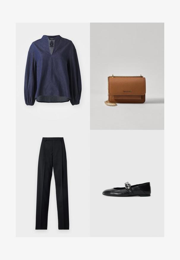 Námořnická modrá, dlouhá rukávová košile vyrobená z texturovaného denimového materiálu, s rozparkem na krku a nařasenými manžetami s uvolněným střihem.; Černé kalhoty vyrobené z hladké tkaniny, vybavené vysokým pasem, širokými nohavicemi, předními záhyby a klasickými poutky na opasek. Nejsou viditelné boční kapsy.; Černé kožené baletní střevíce s špičatou špičkou, vybavené páskem s kruhovou kovovou přezkou a plochou podrážkou.; Hnědá texturovaná kožená kabelka přes rameno se zlatým řetízkovým popruhem a klopnovým uzavíráním. Přední strana obsahuje detail loga a kapsu pod klopou.