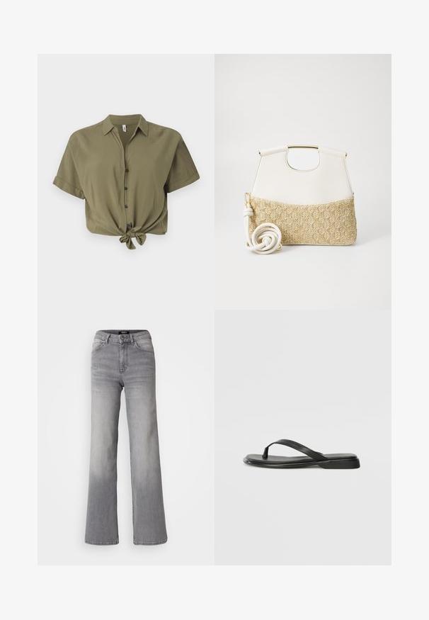 Olive green cropped button-up shirt made of soft fabric, featuring short sleeves, a tie-front detail, and black buttons.; High-waisted straight-leg gray denim jeans with front button and zipper, front and back pockets, and faded shading on thighs and calves.; Black flip-flop made of smooth leather, featuring a thin strap design and a flat sole with a minimal profile. No notable patterns or accents.; White leather handbag with a textured cream woven fabric bottom. Features a gold-tone handle and a coiled white strap for versatility.