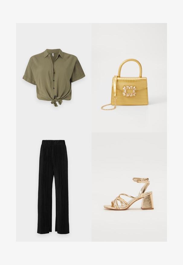 Alyvuogių žalios spalvos trumpai kirptas mygtukų marškinėliai, pagaminti iš minkštos medžiagos, su trumpomis rankovėmis, mazgo priekyje detale ir juodais mygtukais.; Juodi plisuoti kelnės su elastine juosta. Turėkite plačias kojas ir glotnų, tekstūrinį audinį su vertikaliais dryžiais.; Auksinės metalinės kulniuko šlepetės su juostelėmis, kvadratiniu blokiniu kulnu ir reguliuojamu kulkšnies dirželiu su sagtimi. Lygi tekstūra.; Geltonas dirbtinės krokodilo odos rankinukas su standžiu dizainu, viršutine rankena, nuimamu grandininiu dirželiu ir dekoratyviniu krištolo papuošimu ant užsegimo.