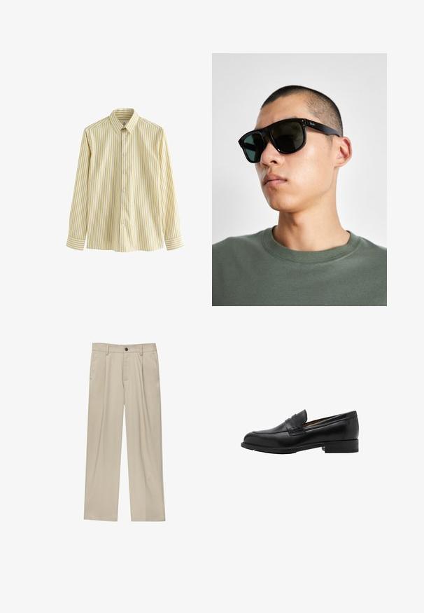 Helles gelbes Button-up-Hemd mit vertikalen weißen und dunkler gelben Streifen, langen Ärmeln und klassischem Kragen. Glatte Stofftextur.; Beige Hosen mit geradem Schnitt, ausgestattet mit einem einzelnen schwarzen Knopf, Gürtelschlaufen und Seitentaschen. Glatte Stofftextur und minimalistisches Design.; Schwarze Leder-Löcher mit genähtem Vorderteil und flachem Absatz. Glatte Textur mit runder Zehenform und einem dekorativen Riemen über dem Spann.; Schwarze rechteckige Sonnenbrille mit dunklen Gläsern, die eine markante Form und eine Markierung am Bügel aufweist. Getragen von einer Person in einem grünen Hemd.