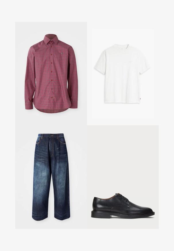 Pöttyös, hosszú ujjú ing, gombos gallérral, barna gombokkal és ívelt alsó résszel, szövött pamutból készült.; Fehér pamut póló rövid ujjakkal, kerek nyakkal és diszkrét Levi's logóval a középen. Puha tapintású és szabványos szabású.; Sötétkék farmer széles lábú nadrág magas derékkal, kontrasztos varrással, elülső zsebekkel és enyhe kopással, sima textúrával rendelkezik.; Fekete bőrből készült dresszcipő kerek orral, fűzős kialakítással és alacsony, rétegelt sarkával. Simás felület minimális varrási részletekkel.