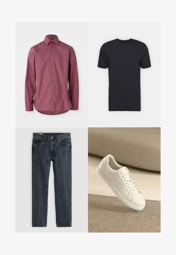 Červená kostkovaná košile s dlouhým rukávem, která má límec na knoflíky, hnědé knoflíky a zakřivený lem, vyrobená z tkané bavlny.; Černé bavlněné tričko, krátké rukávy, kulatý výstřih, jednobarevné, lehká tkanina, hladká textura, žádné viditelné vzory nebo grafika.; Tmavě modré džíny s rovnými nohavicemi, pěti kapsami a zapínáním na knoflíky. Tkanina vykazuje jemné blednutí a texturu.; Bílé kožené tenisky s bílými tkaničkami, vystavené na béžovém texturovaném povrchu s jemně rozostřeným pozadím.