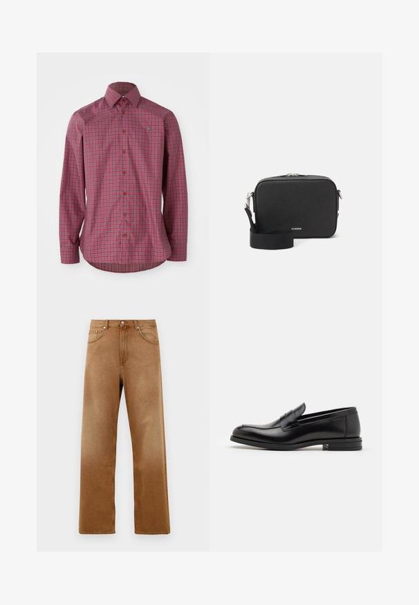 Červená kockovaná košeľa s dlhým rukávom, so zapínaním na gombíky, hnedými gombíkmi a zakriveným spodným okrajom, vyrobená z tkaného bavlneného materiálu.; Hnedé denimové široké nohavice s vysokým pásom, obsahujúce dve predné vrecká, zapínanie na gombík a jemnú textúru. Žiadne viditeľné vzory ani akcenty.; Čierne kožené mokasíny s hladkou textúrou, zaoblenou špičkou a dekoračným pásikom cez priehlavok. Nízky vrstvený opätok, minimalistický dizajn.; Čierna obdĺžniková crossbody taška vyrobená z textúrovaného materiálu s uzáverom na zips, vybavená odnímateľným popruhom a strieborným logom.
